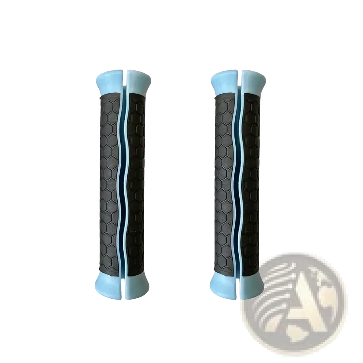 A pair of black and light blue resistance band handles replacement grips with honeycomb texture for enhanced grip