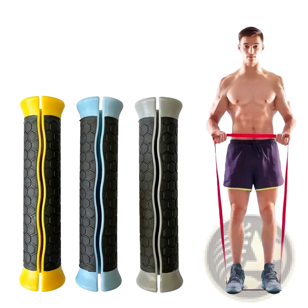 Resistance band handles replacement grips with elastic anti-strangle straps in yellow blue and gray with black textured grips