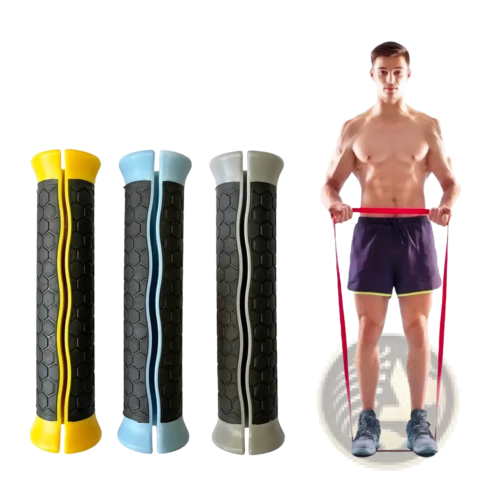 Resistance band handles replacement grips with elastic anti-strangle straps in yellow blue and gray with black textured grips