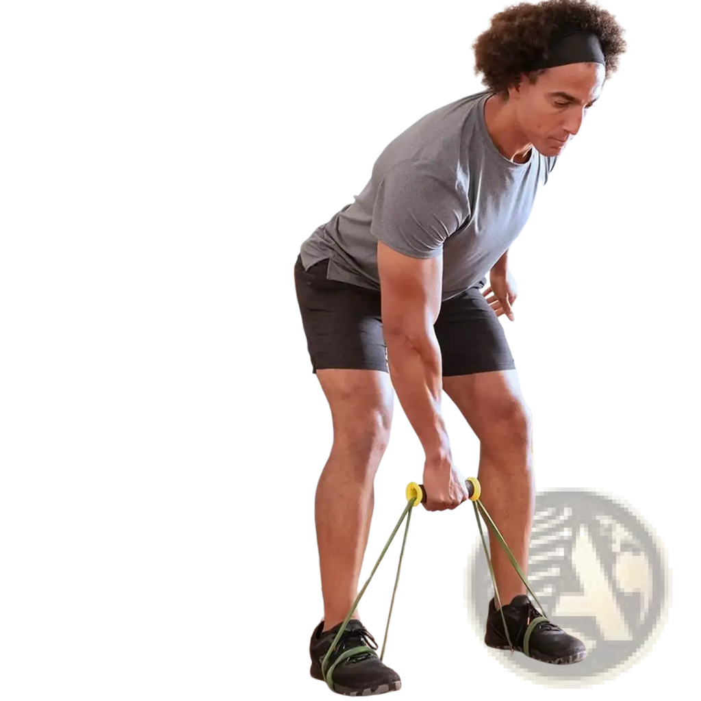 Man using green resistance bands with black replacement grips for handles during a workout session