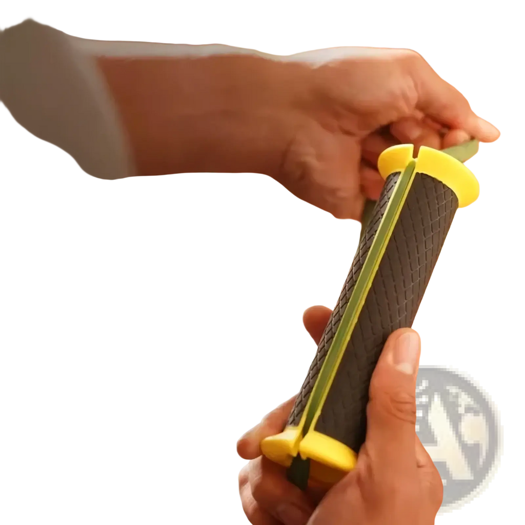 Black and yellow rubber-grip resistance band handles with textured surface for enhanced grip and universal fit