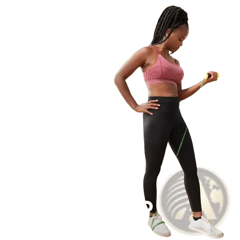 Green resistance band with yellow universal fit handles designed for enhanced grip and exercise versatility
