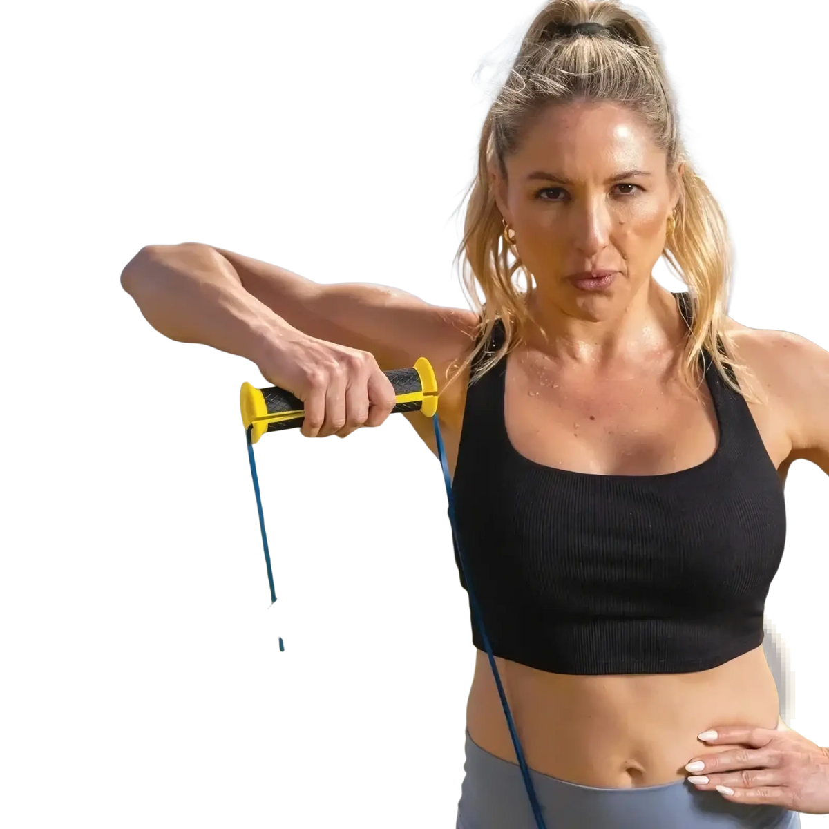Yellow and black resistance band handles with blue elastic cord featuring a universal fit grip set for exercise use
