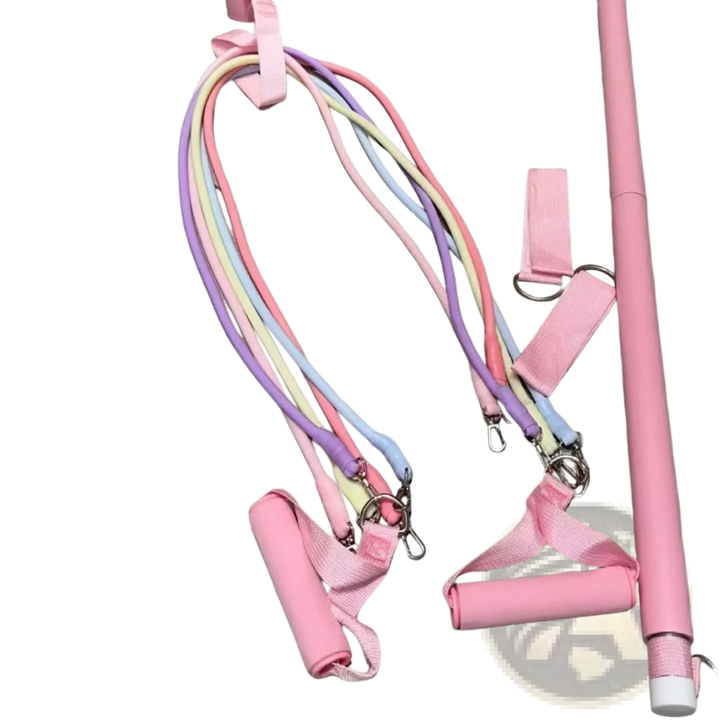 Pastel-colored resistance band set with pink handles and matching pink exercise bar including ankle straps for workouts