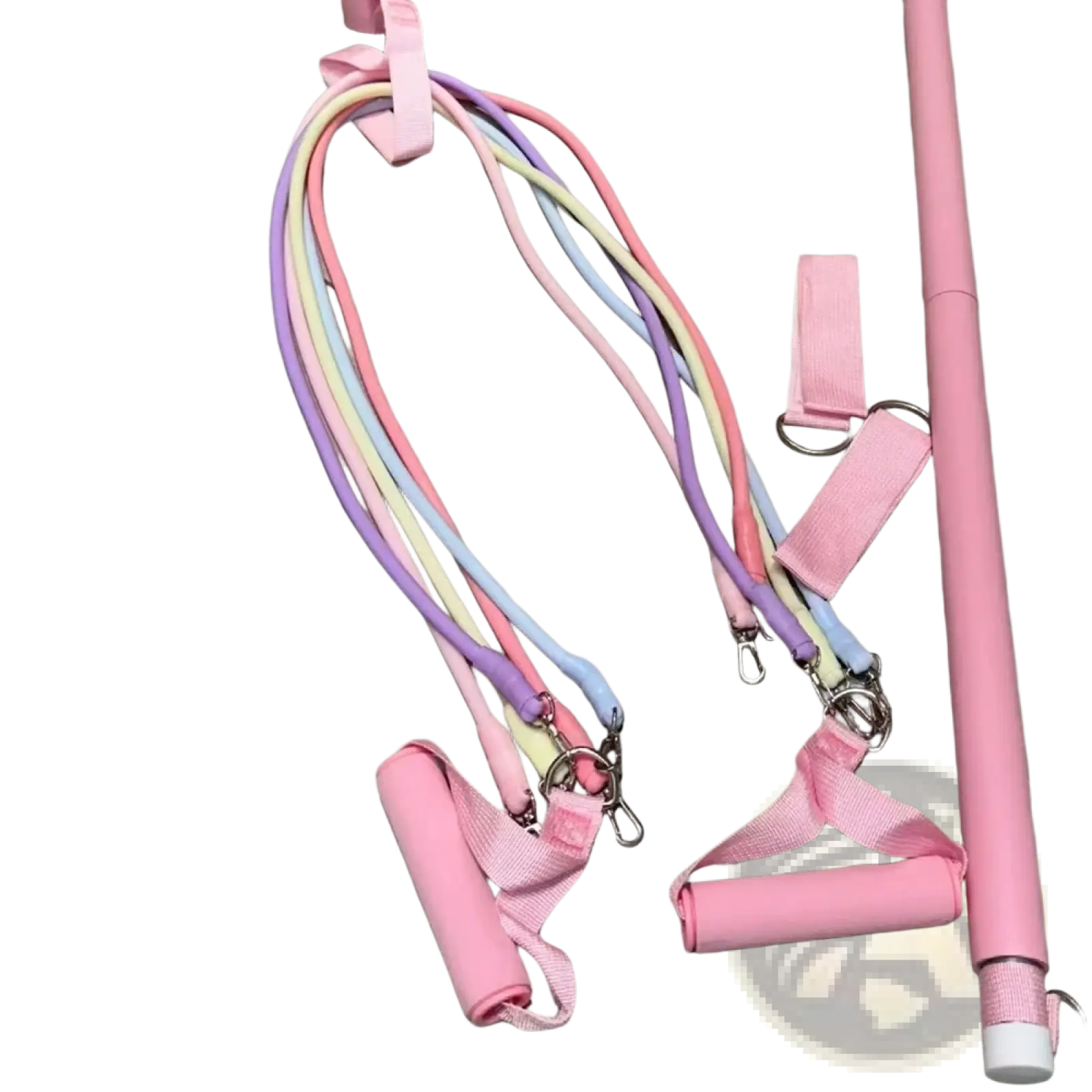 Pastel-colored resistance band set with pink handles and matching pink exercise bar including ankle straps for workouts