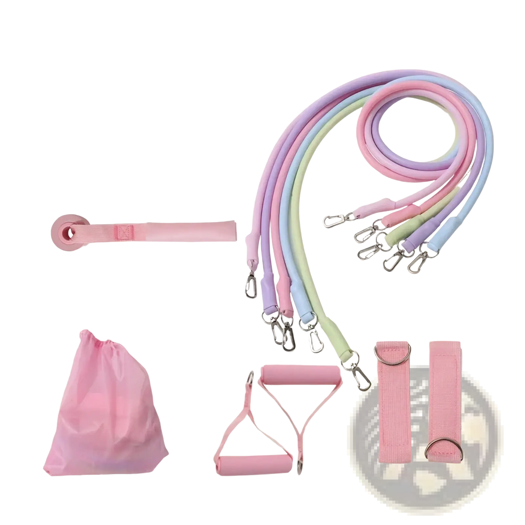 Resistance band set with pastel bands, pink handles, metal clasps, and ankle straps for versatile workouts