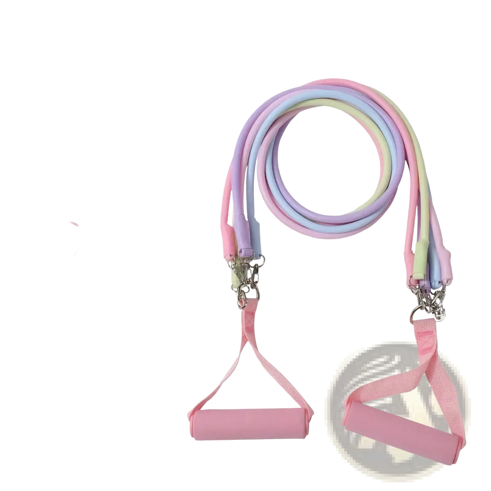 Resistance band set with ankle straps featuring pastel-colored bands pink foam handles and metallic hardware