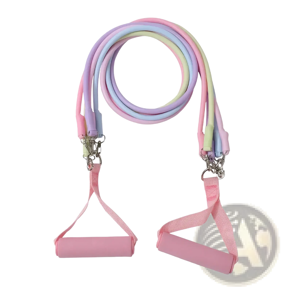 Resistance band set with ankle straps featuring pastel-colored elastic band pink handles and metallic clasps