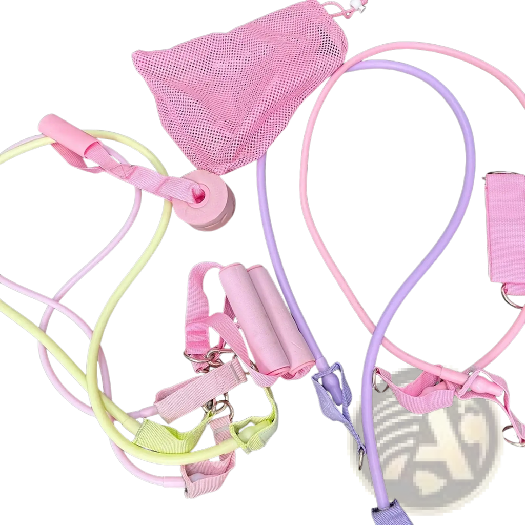 Resistance band set with ankle straps in pink and lavender with matching mesh storage bag for versatile workouts