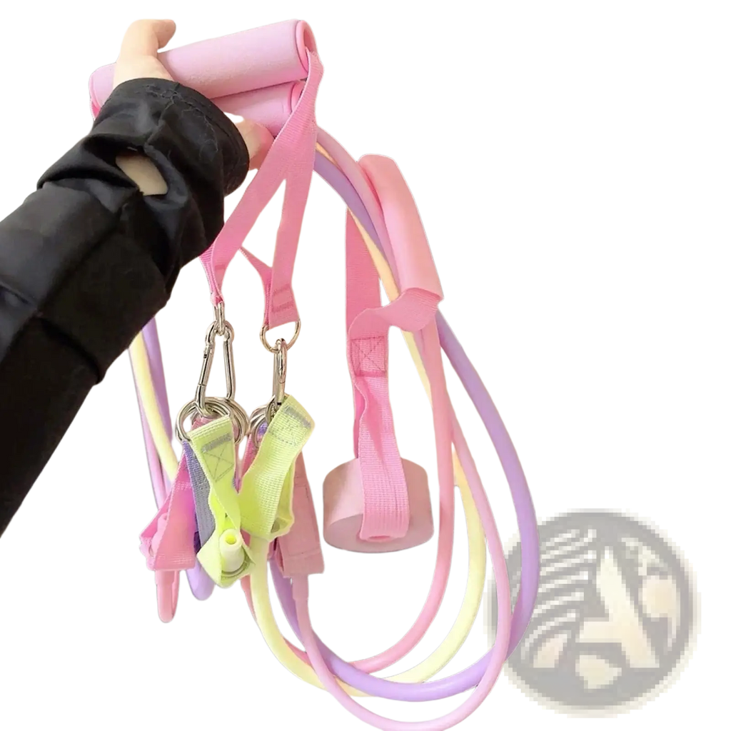 Resistance band set with ankle straps featuring pink and lavender bands with adjustable straps and metallic carabiners