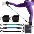 Resistance band set with teal elastic band, black adjustable ankle cuffs, and metal carabiners for versatile workouts