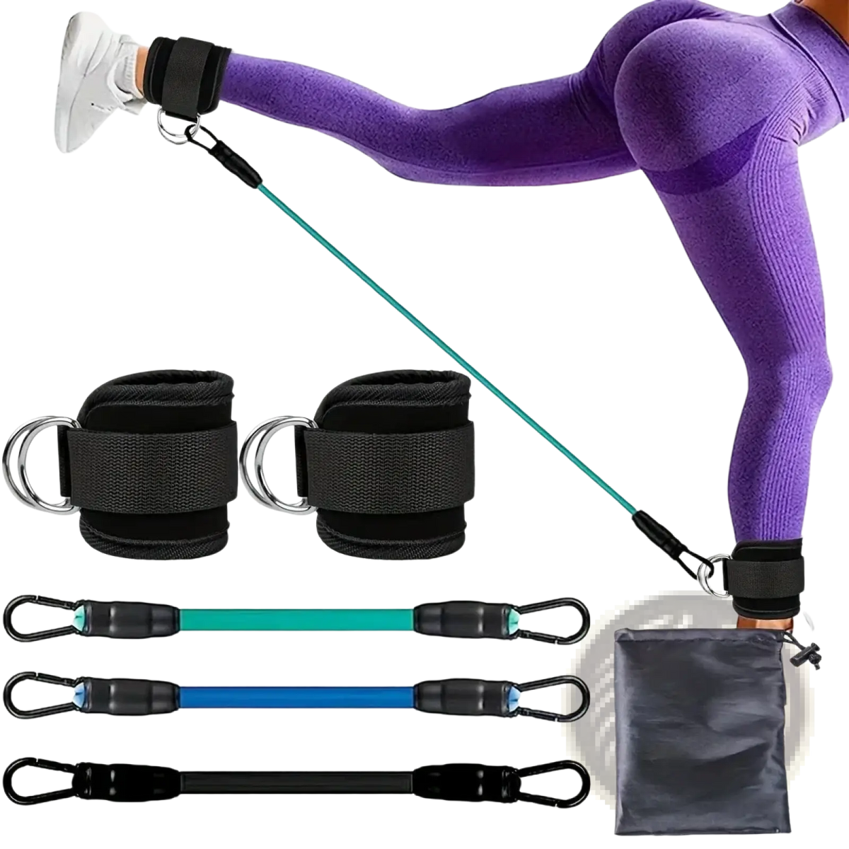 Resistance band set with teal elastic band, black adjustable ankle cuffs, and metal carabiners for versatile workouts