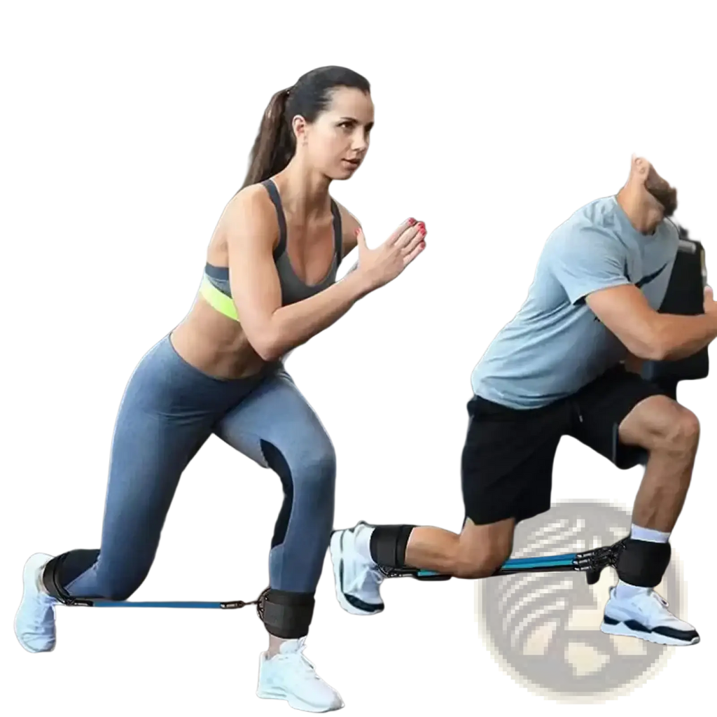 Blue resistance band set with black ankle straps made of durable material for effective strength training and flexibility exercises