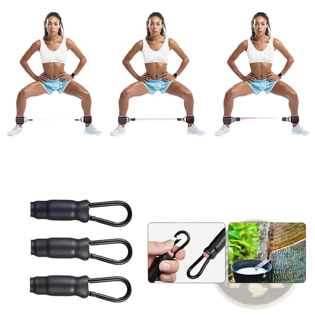 Resistance band set with ankle straps featuring pink latex resistance bands and black metal carabiner attachments