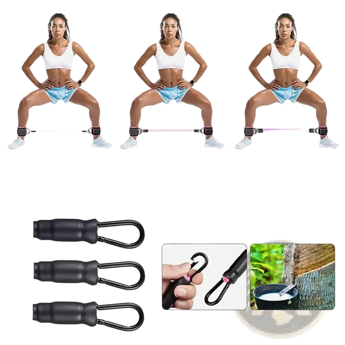 Resistance band set with ankle straps featuring pink latex resistance bands and black metal carabiner attachments