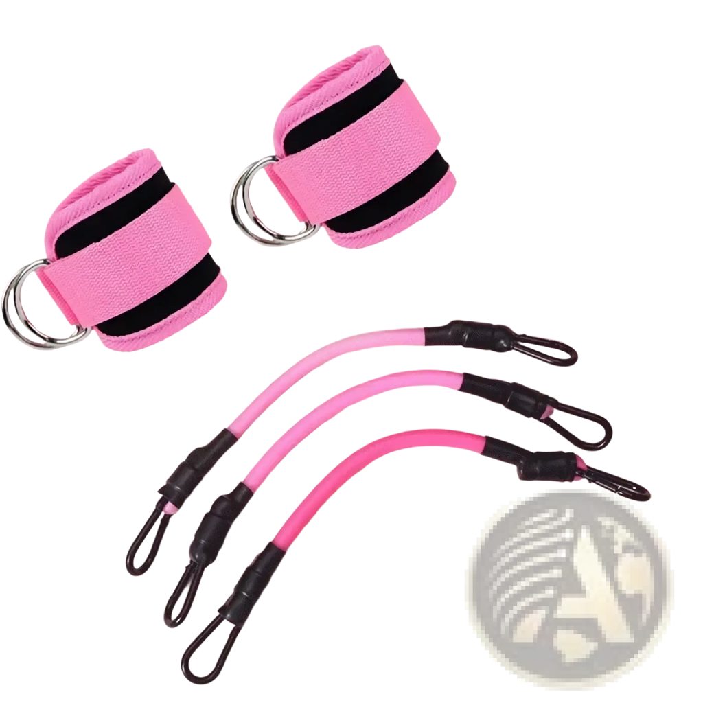 Resistance band set with pink ankle straps featuring black stripes and silver metal rings paired with matching elastic bands