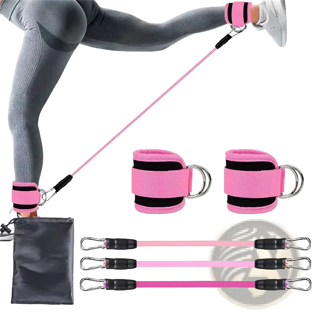 Resistance band set with ankle straps featuring pink adjustable cuffs and three varying-length elastic bands for exercise
