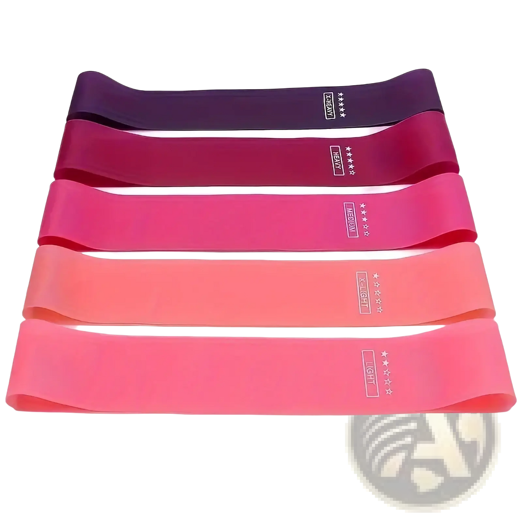 Set of five gradient-colored resistance bands in purple pink and coral with white strength level labels for fitness use