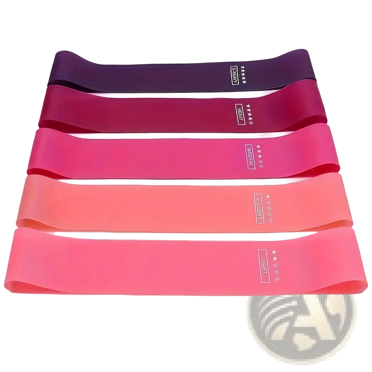 Set of five gradient-colored resistance bands in purple pink and coral with white strength level labels for fitness use