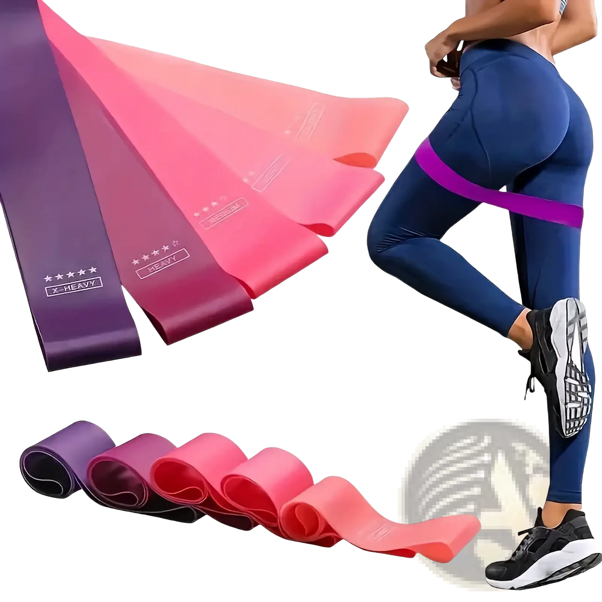 Set of five gradient-colored resistance bands in purple to pink and red hues with x-heavy branding for fitness use