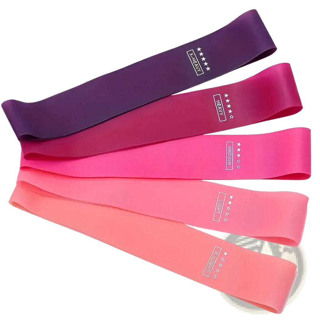 Set of five colorful silicone resistance bands in gradient shades from deep purple to light pink labeled by weight level