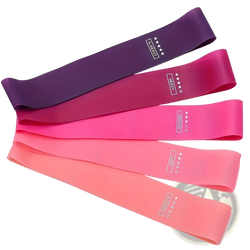Set of five colorful silicone resistance bands in gradient shades from deep purple to light pink labeled by weight level