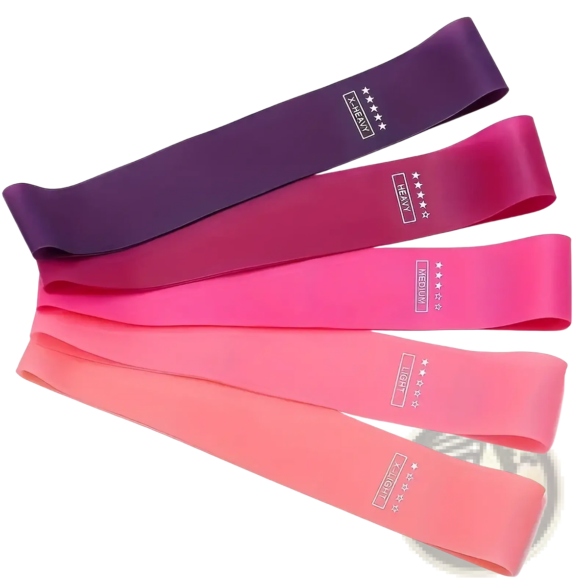 Set of five colorful silicone resistance bands in gradient shades from deep purple to light pink labeled by weight level