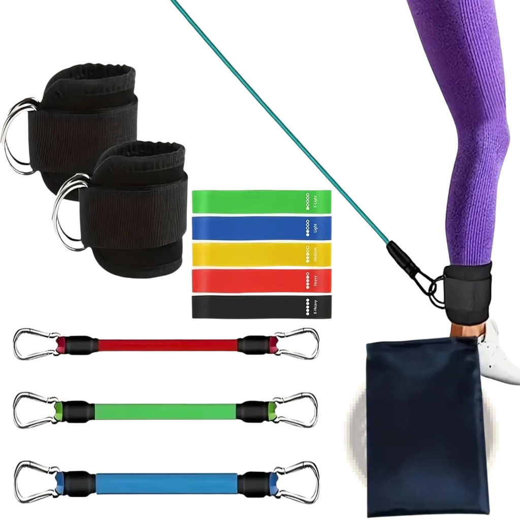 Black fabric ankle cuffs with metal d-rings and multicolor elastic resistance bands for home gym leg and hip toning system