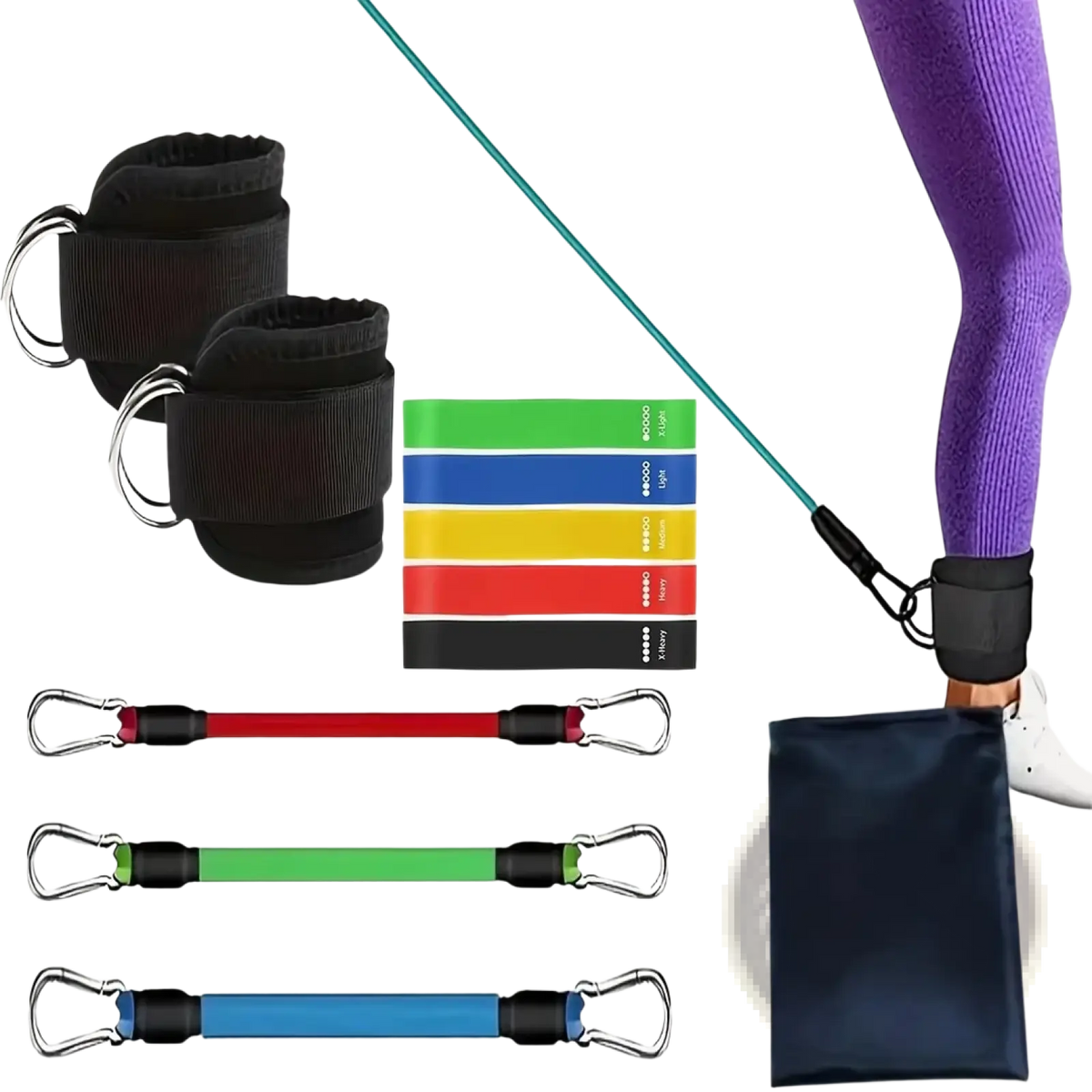 Black fabric ankle cuffs with metal d-rings and multicolor elastic resistance bands for home gym leg and hip toning system
