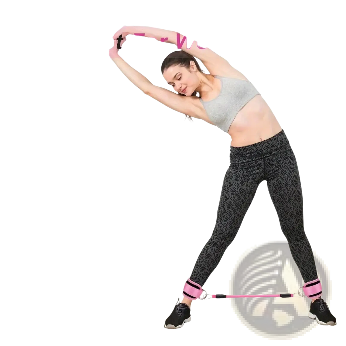 Pink ankle resistance bands with black neoprene cuffs and metal hooks for home gym leg and hip toning system