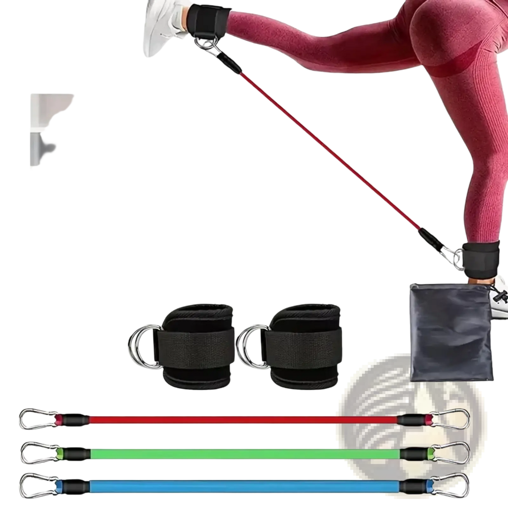 Red resistance band set with black ankle cuffs and metal carabiners for home gym leg and hip toning system