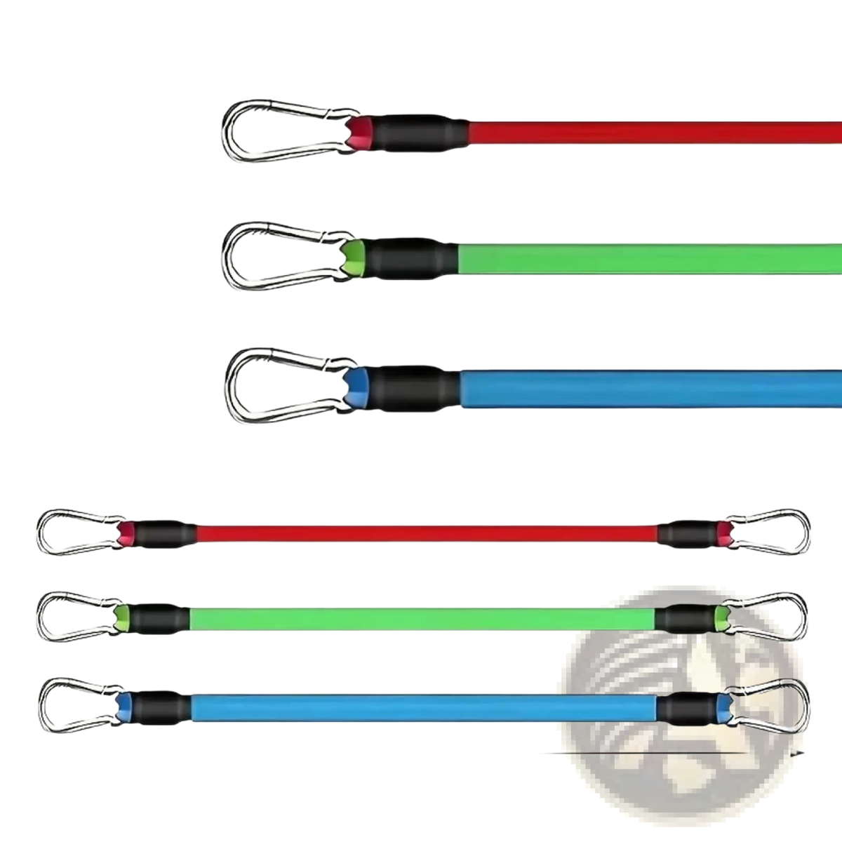 Resistance band set with red green and blue latex bands black handles and silver carabiner clips for leg and hip toning