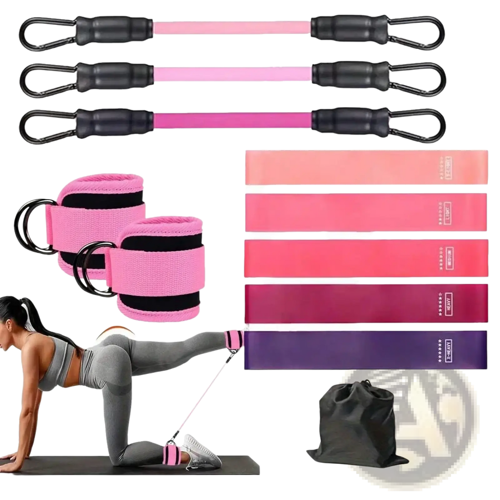Pink resistance band set with black handles and ankle cuffs for home gym leg and hip toning system