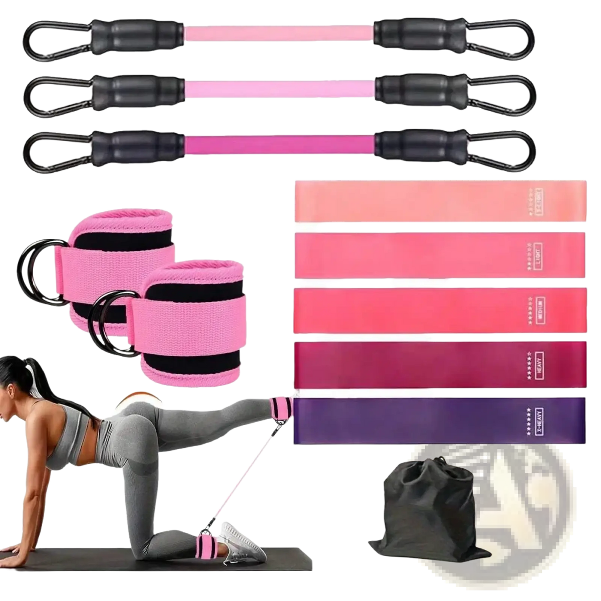 Pink resistance band set with black handles and ankle cuffs for home gym leg and hip toning system