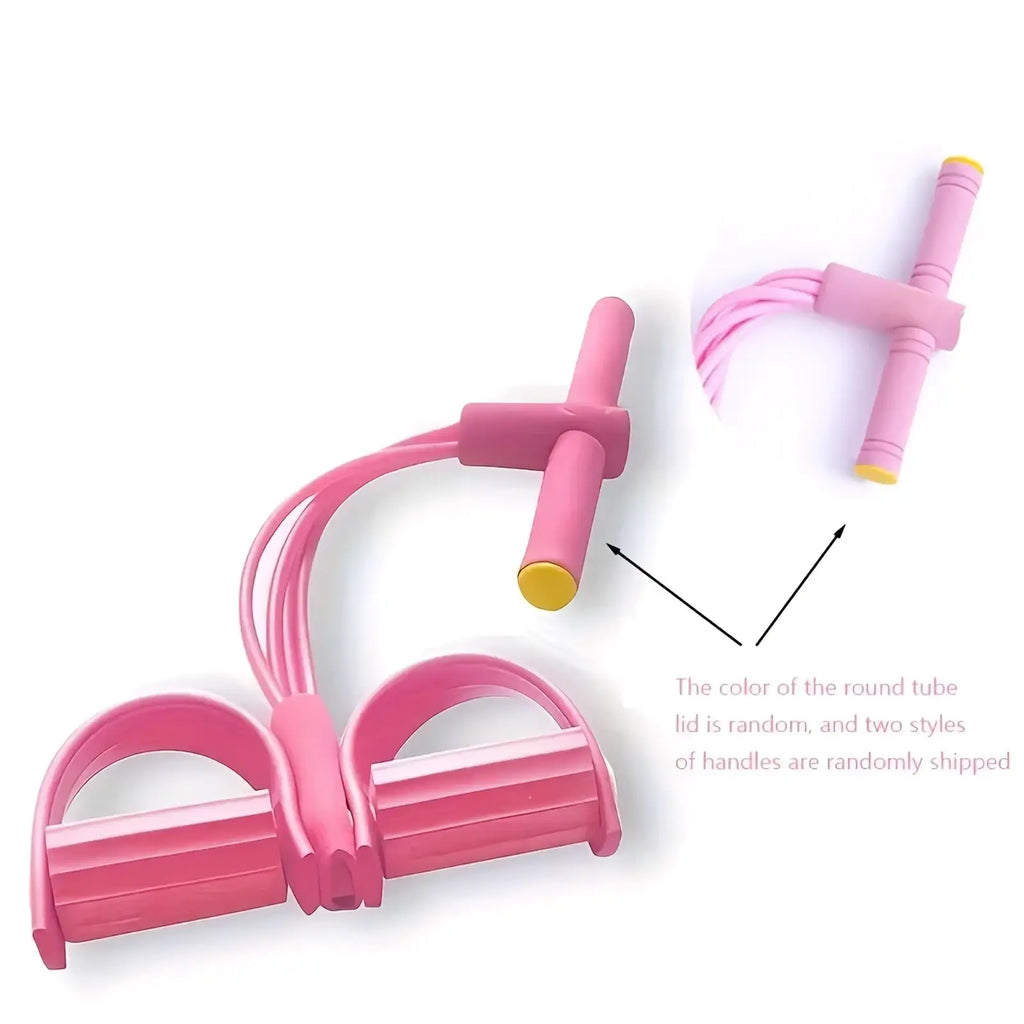 Resistance band set for strength training featuring a pink rubber resistance band with yellow-tipped handles and t-shaped design