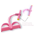 Resistance band set for strength training featuring a pink rubber resistance band with yellow-tipped handles and t-shaped design