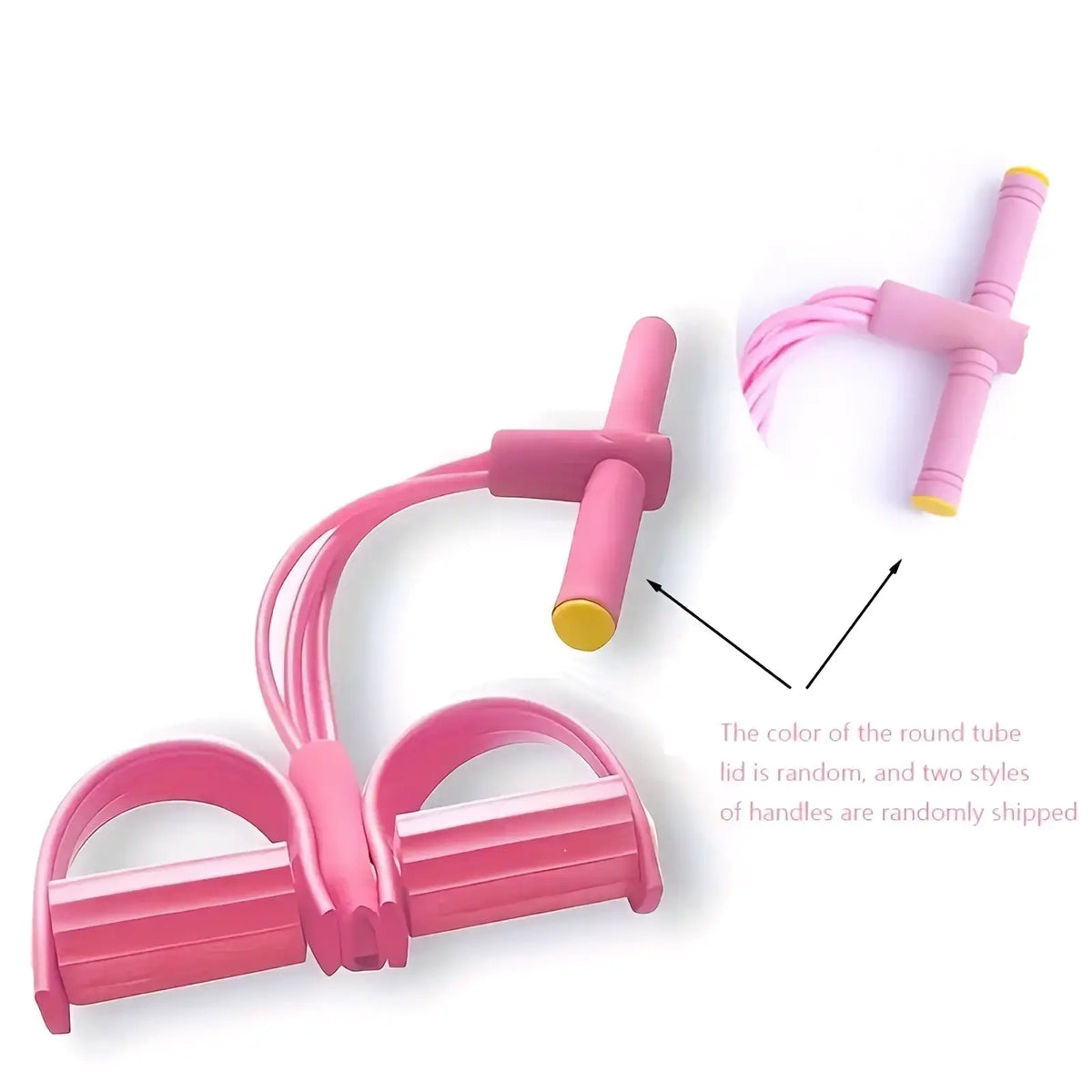 Resistance band set for strength training featuring a pink rubber resistance band with yellow-tipped handles and t-shaped design