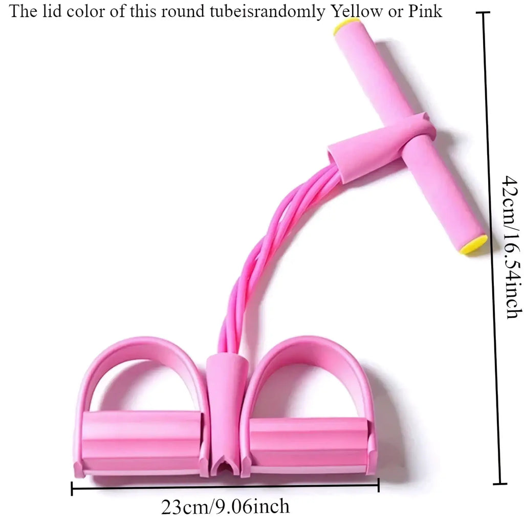 Resistance band set for strength training featuring a pink rubber band with t-shaped handle and foot loops