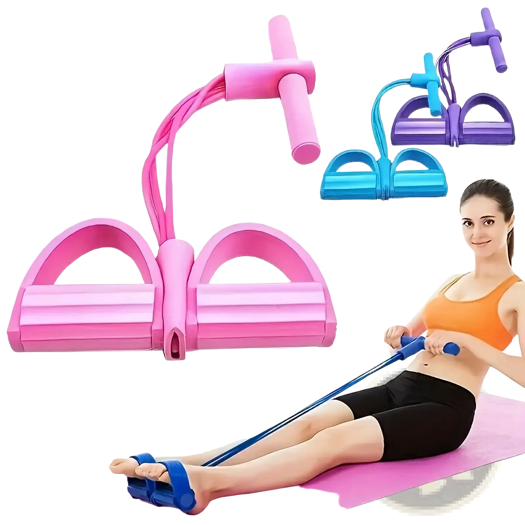 Resistance band set featuring a pink rubberized pull-up assist device with blue elastic bands and handles for strength training