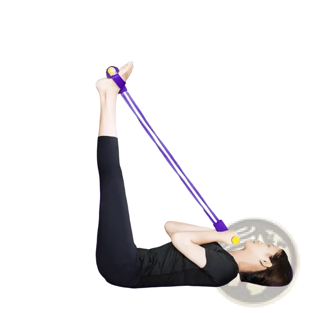Resistance band set featuring a purple latex resistance band with yellow handles for home strength training exercises