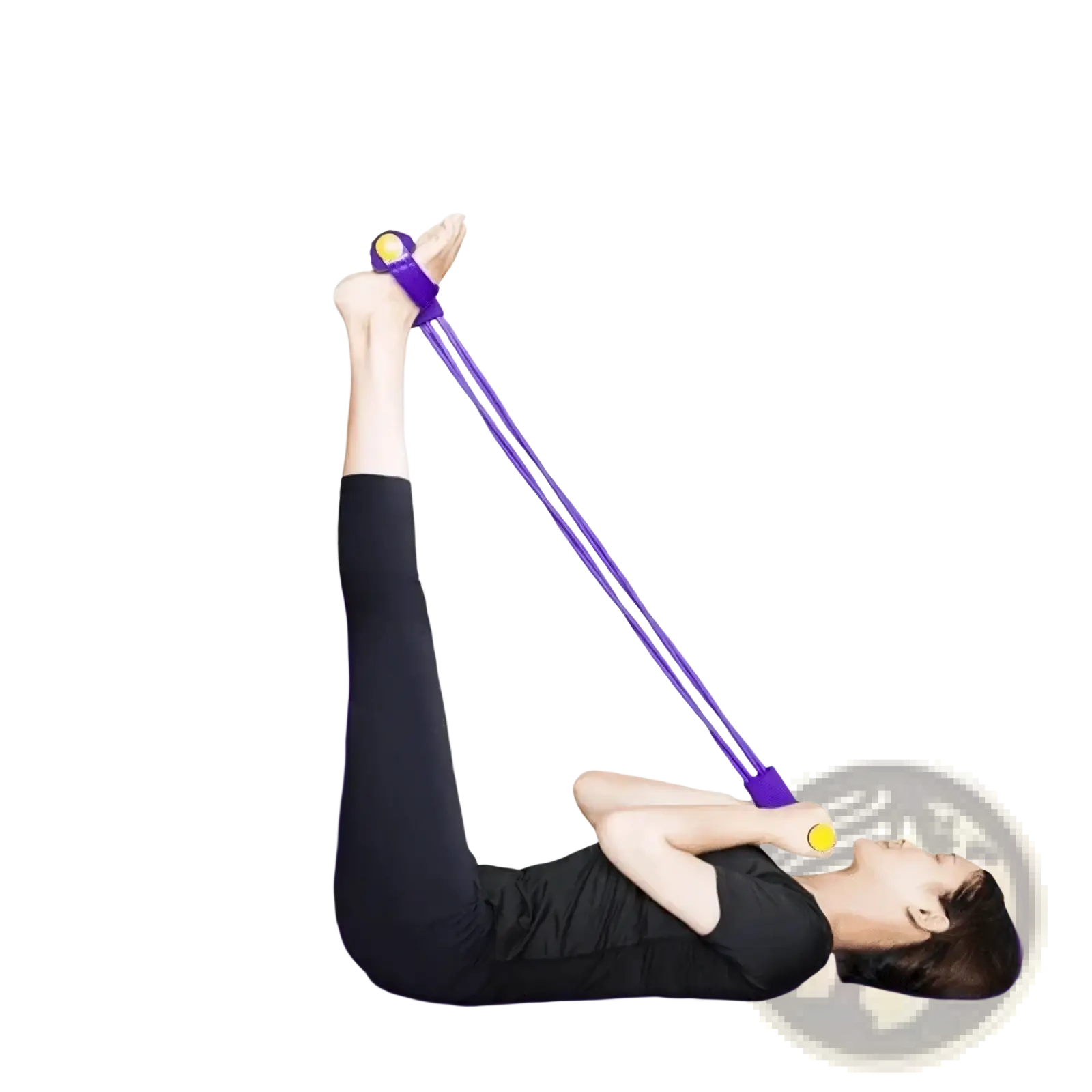 Resistance band set featuring a purple latex resistance band with yellow handles for home strength training exercises