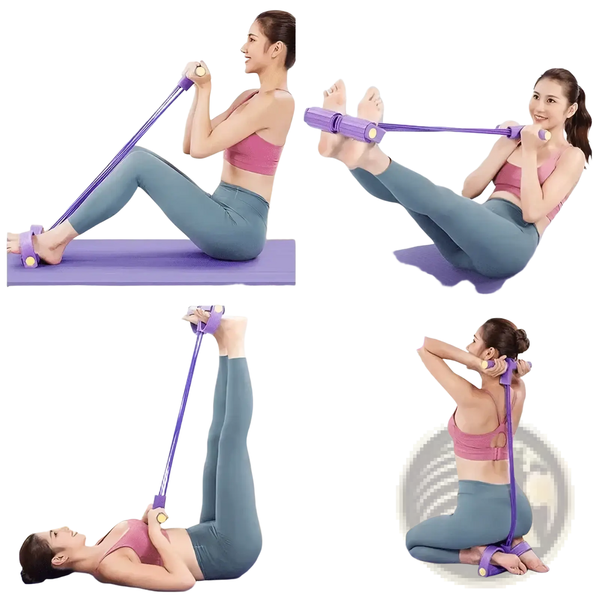 Resistance band set for strength training featuring a purple band with yellow handles and adjustable foot straps