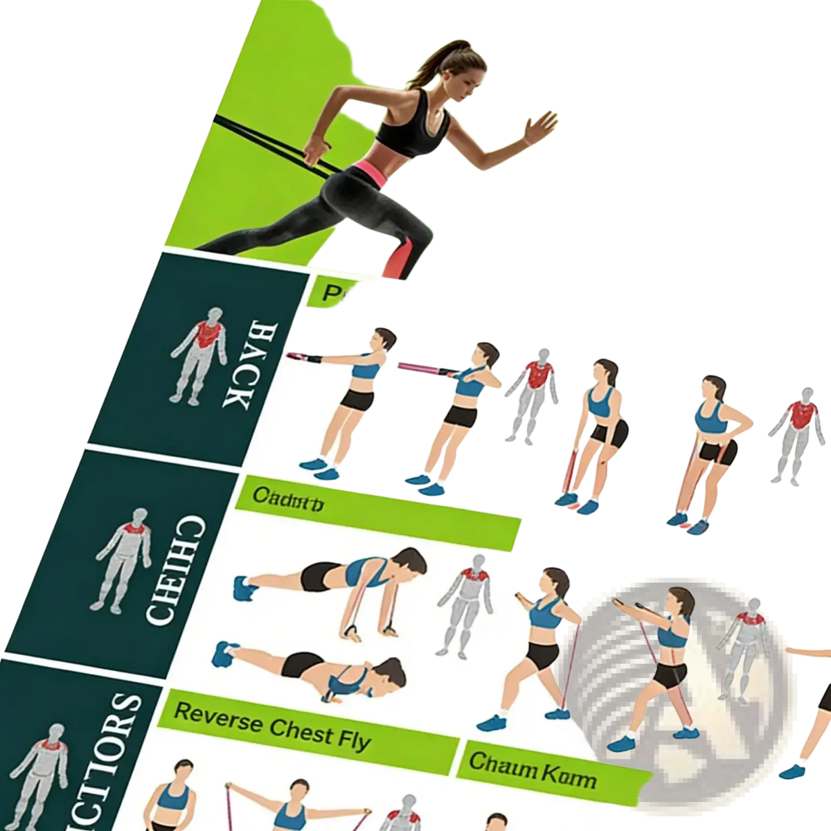 Green and white illustrated resistance band workout poster featuring chest exercises for fitness training guide