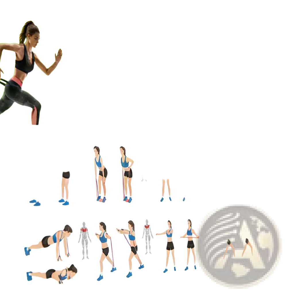 Green fitness resistance band workout poster with illustrated beginner exercise instructions for training guide
