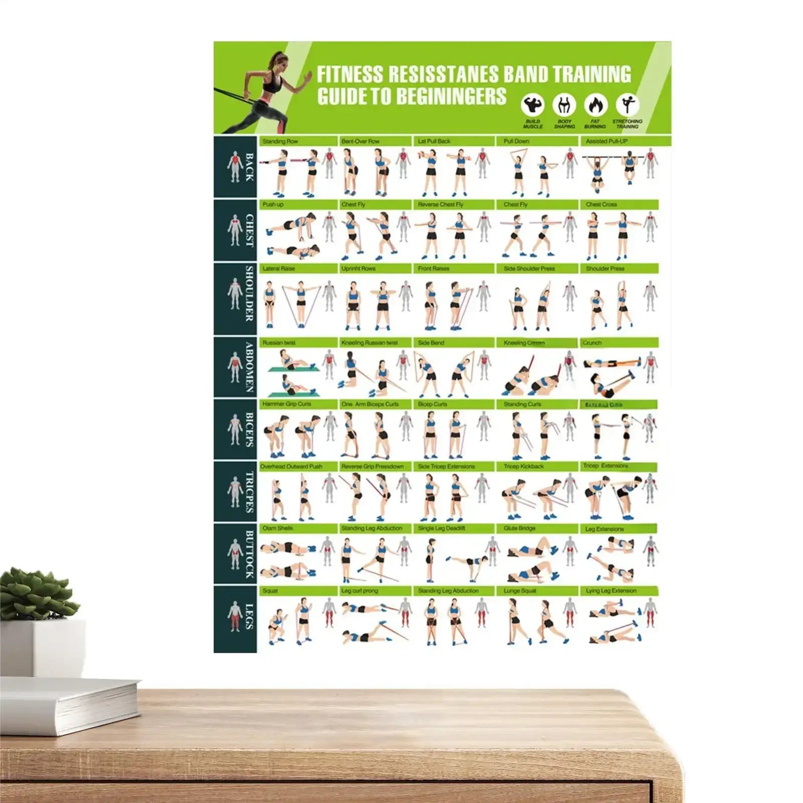 Green resistance band workout poster fitness training guide for beginners with exercise illustrations and instructions
