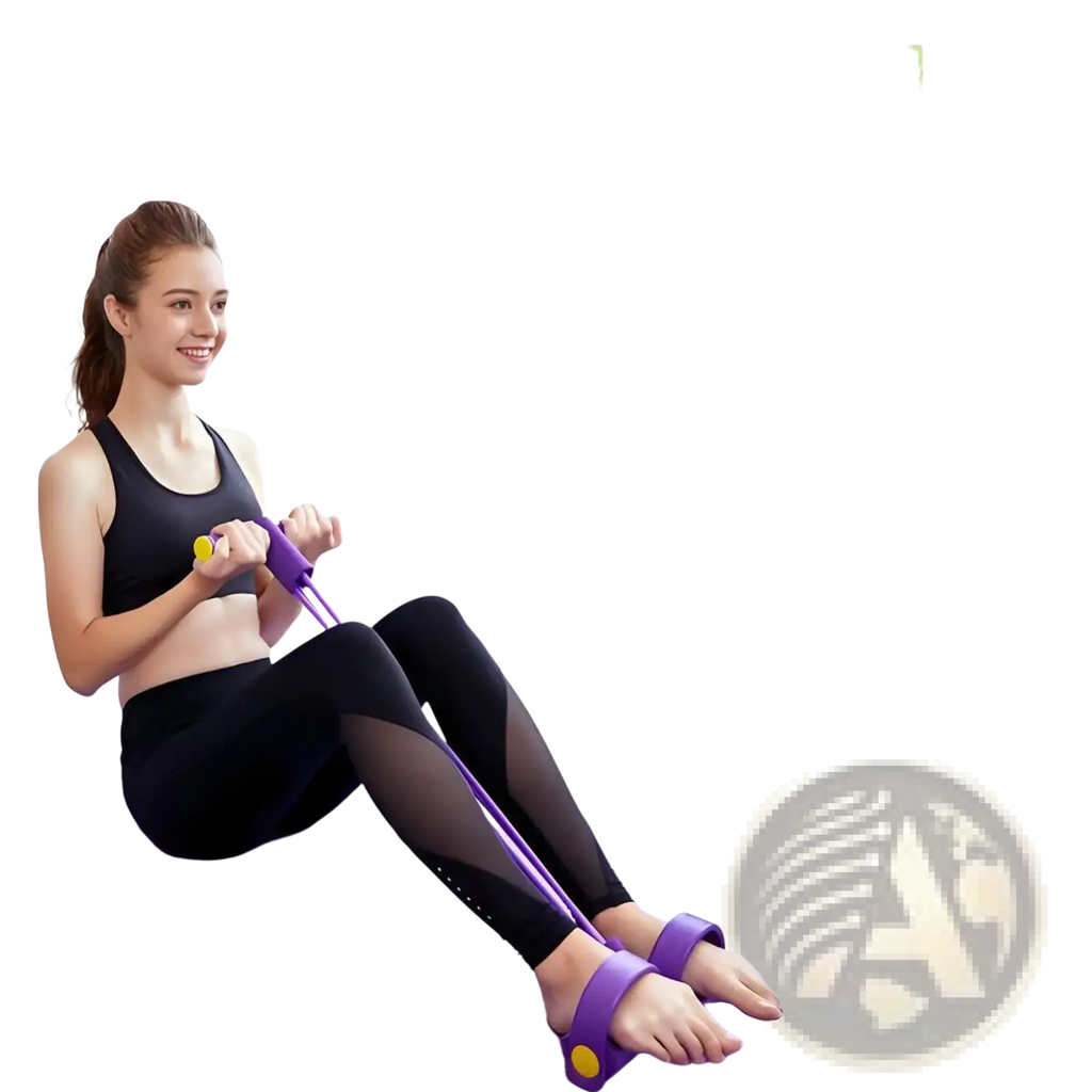 Purple resistance band with yellow handles and foot straps for fitness training in resistance band workout poster guide