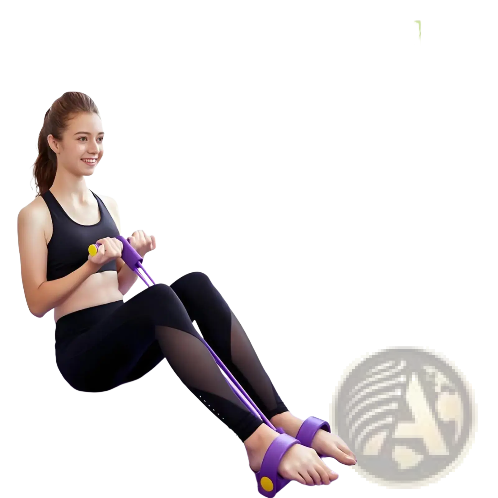 Purple resistance band with yellow handles and foot straps for fitness training in resistance band workout poster guide