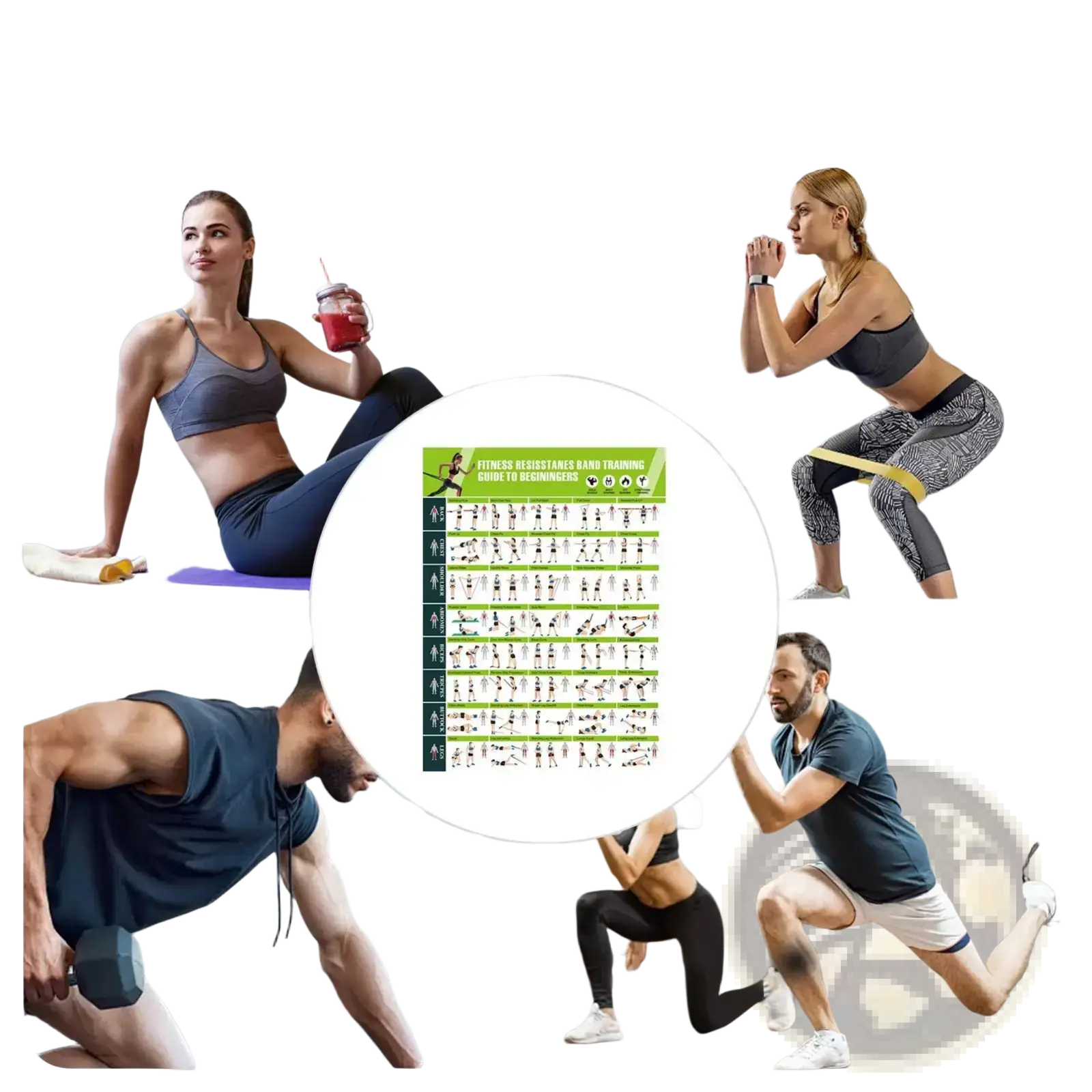 Green and white resistance band workout poster featuring a home gym exercise chart for fitness training guidance