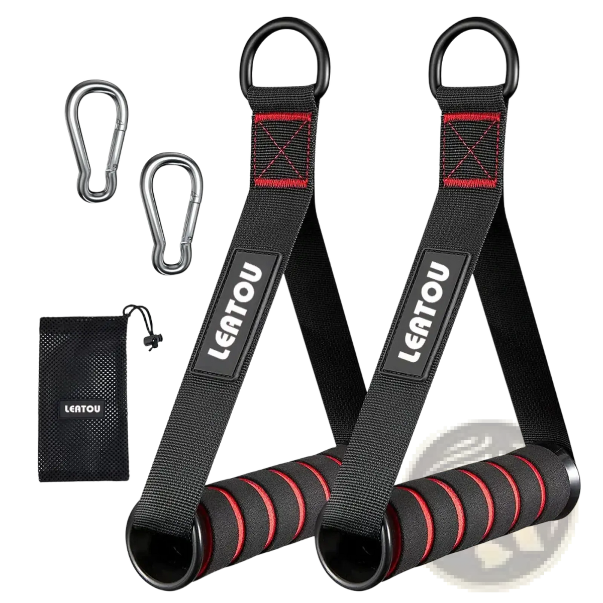 Black and red leatou resistance training straps with padded foam handles for cable machine gym workout
