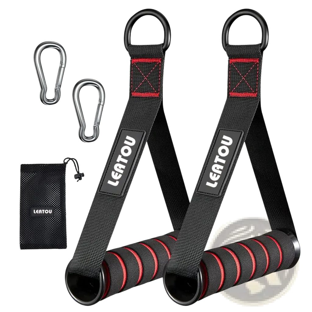 Resistance bands foam handles with black and red leather padded handles for cable machine gym workout use